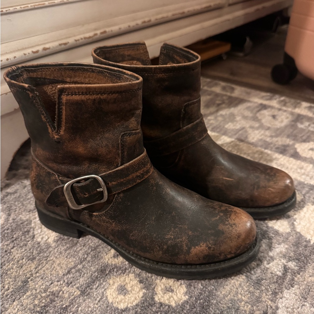 Frye Veronica Distressed Brown Leather Ankle Boots